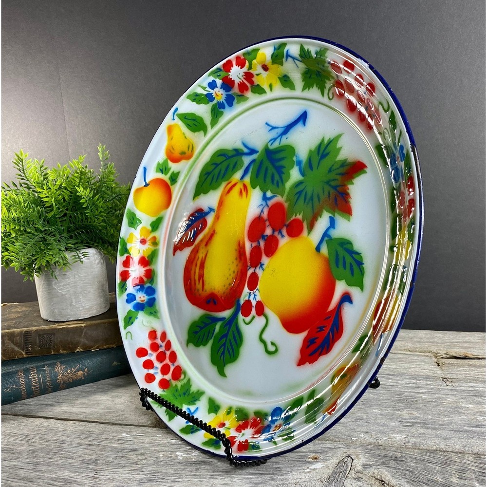 Rossini Enamelware Oversized Platter Fruit Graphics Round Tray Vibrant Colors