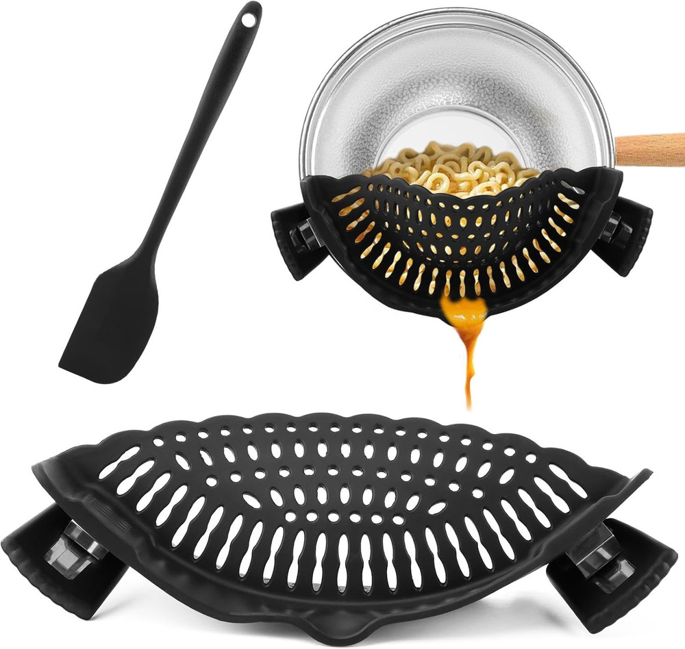 Clip on Strainer with Scraper,Silicone Strainer for Pots and Pans Adjustable ...