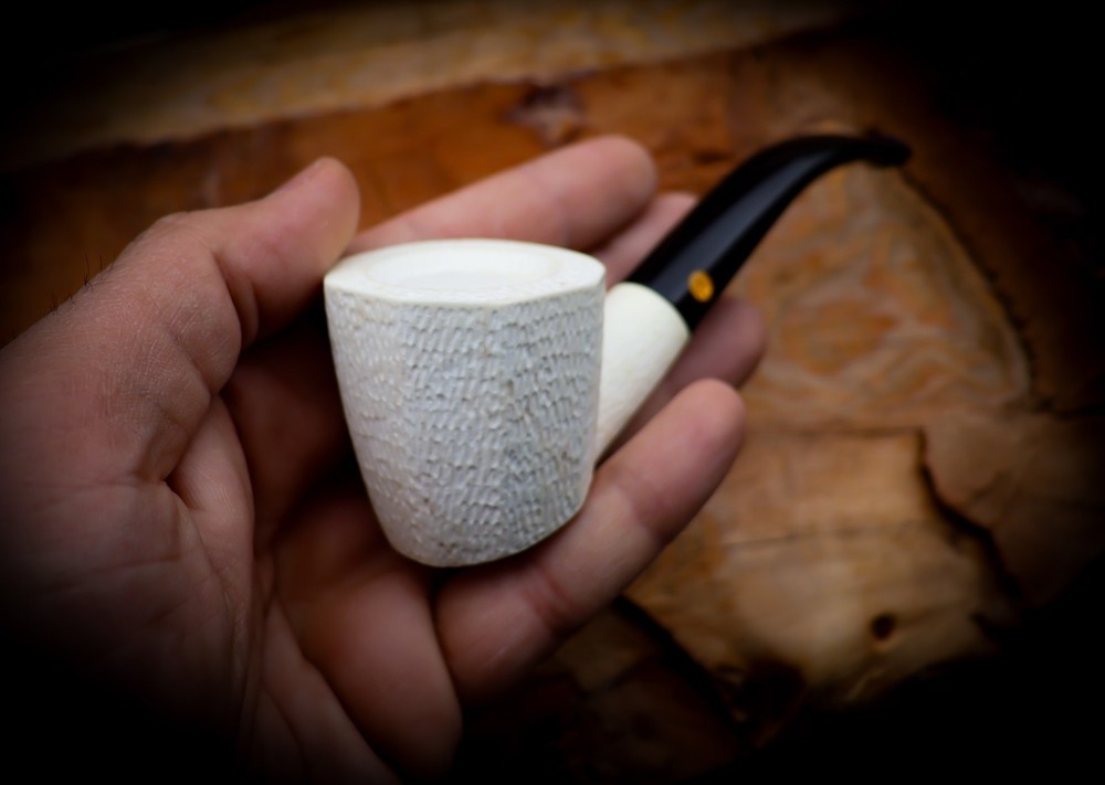 9MM Rustic Patterned Panel Meerschaum Pipe With Leather Case- Astaş Meerschaum