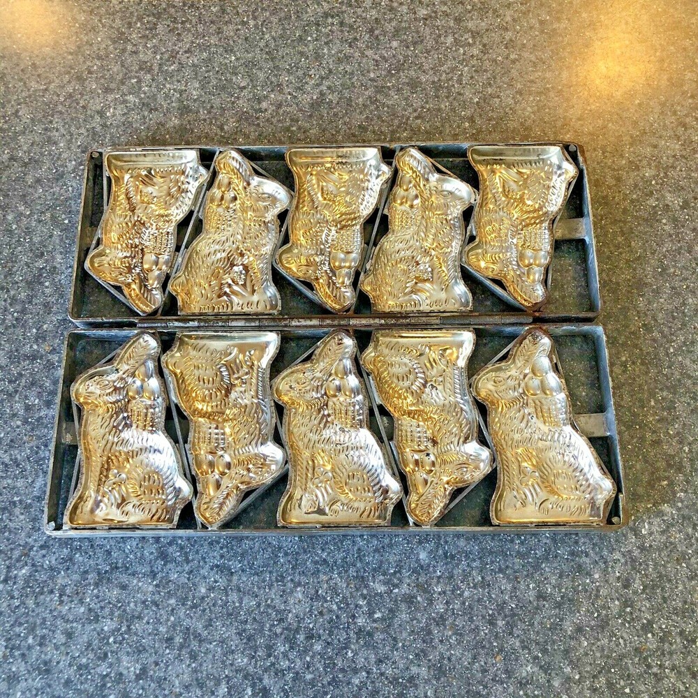 Antique Easter Bunny Chocolate Molds Caged Hinged Rabbit Candy 5 Five 18"x7"x2"