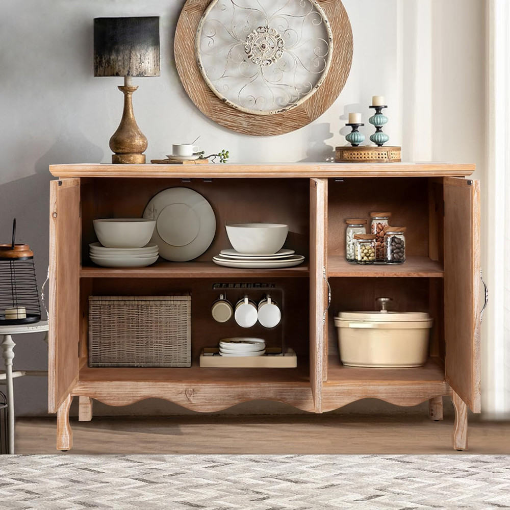 Rustic Accent Storage Cabinet with 3 Carved Doors for Home & Entryway