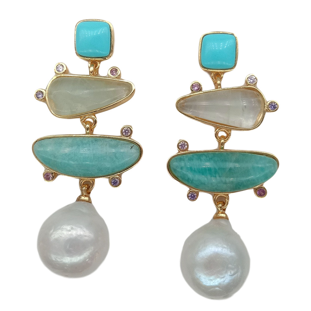 White Freshwater Pearl Blue Turquoise Green Amazonite Dangle Stud Earrings