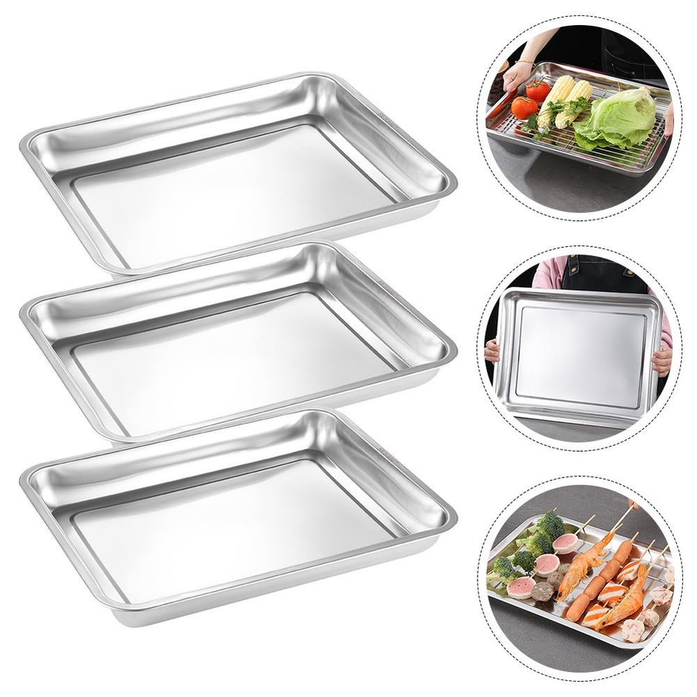 3pcs Heavy Duty Oven Pan Stainless Steel Rectangular Deep Edged Tray