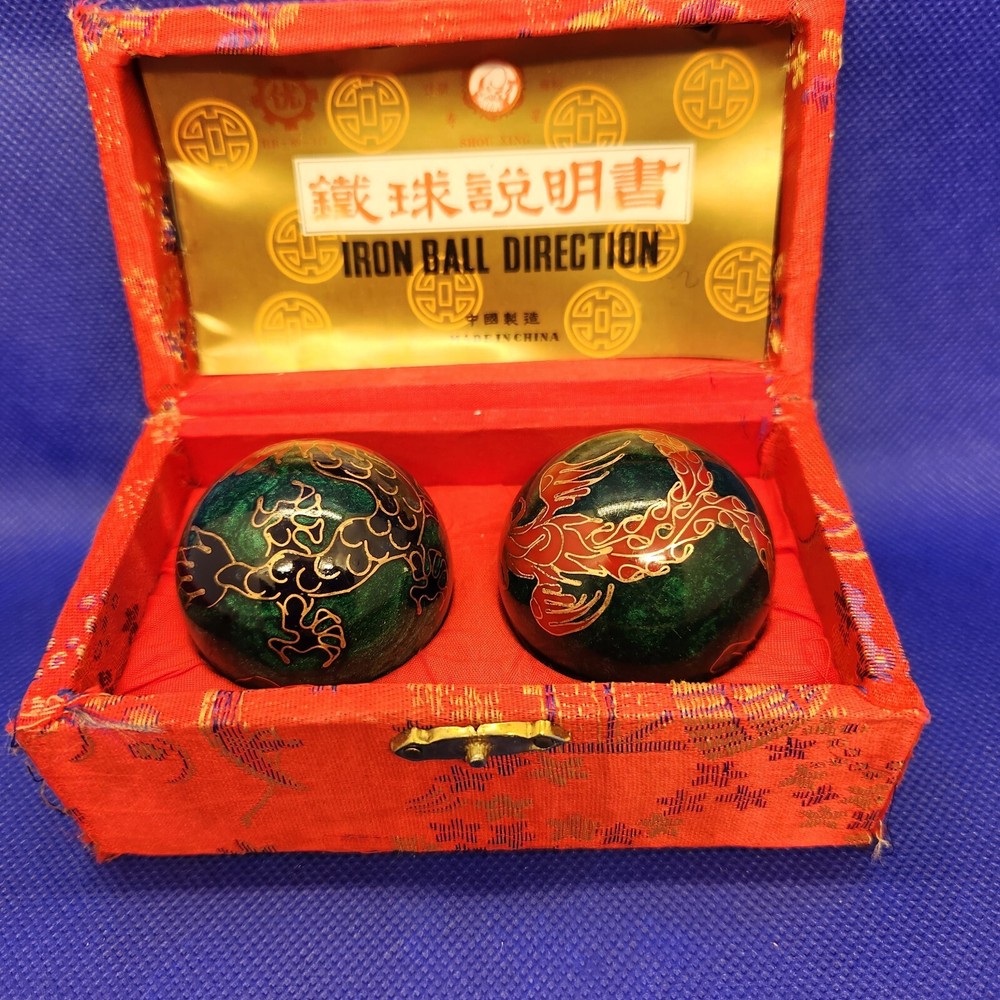 Chinese Cloisonné Baoding Balls Healing Meditation Dexterity Red Silk Case