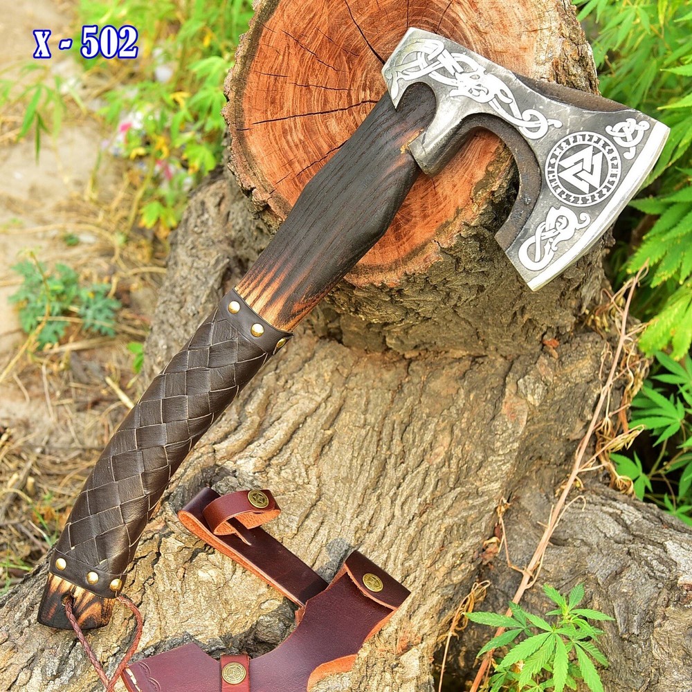 HANDMADE TOMAHAWK , HATCHET, AXE , INTEGRAL ENGRAVED HEAD LEATHER WRAP HANDLE