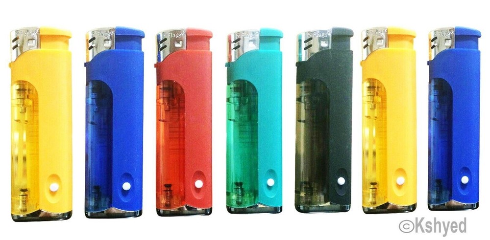 (7 Pack) 5-Flags Refillable Butane Flame AST Lighter (Colored LED Flashlight)New