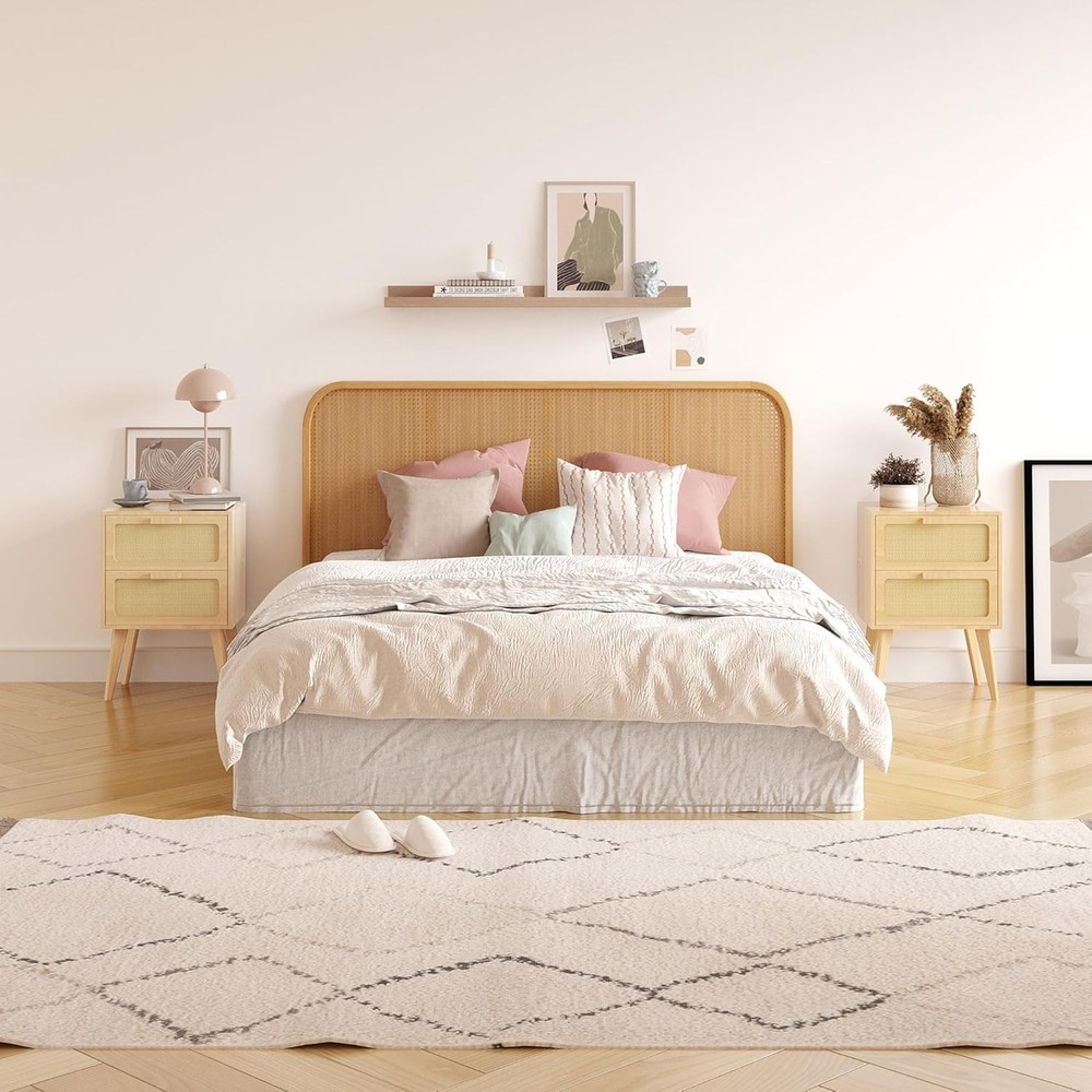 Rattan Nightstand,Boho Bedside with Storage,End Table,Side - Natural