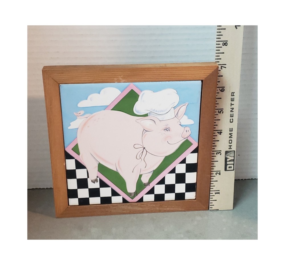 Vintage 80s Chef Pig Framed Ceramic Tile