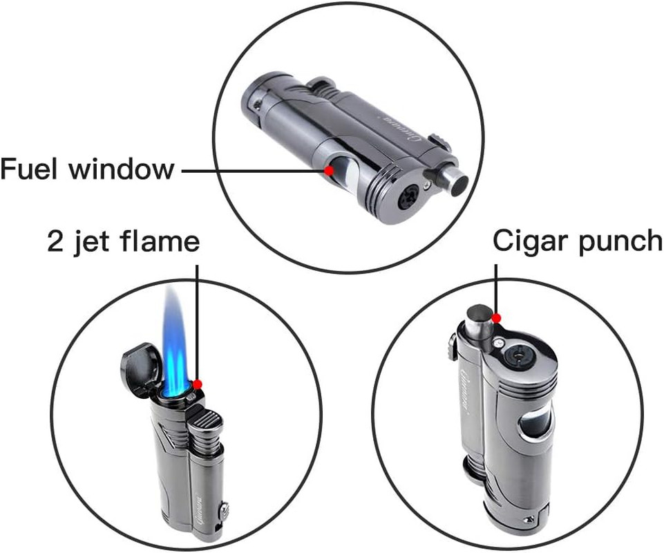 GUEVARA Butane Torch Lighter with Punch Windproof Double Jet Lighters (Grey)