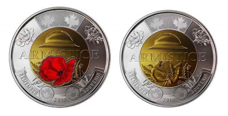 Canada 2018 Toonies 2$ from Mint Roll (Armistice Coloured and Plain Reverse) BU