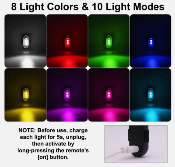 Wireless Rechargeable Strobe LED Lights, Waterproof Remote Control, 8 Colors