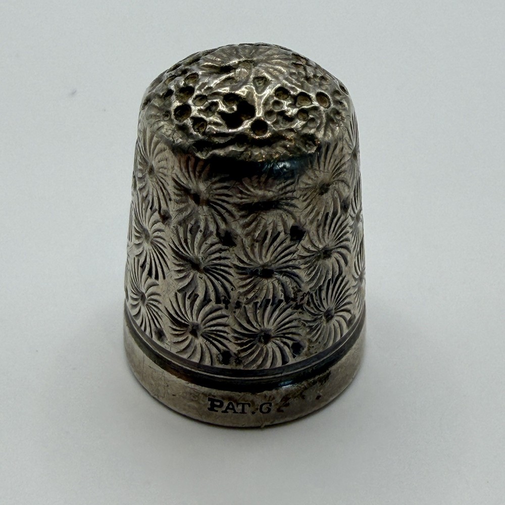 Antique Silver Sewing Thimble Floral Pattern Pierced Top Patented
