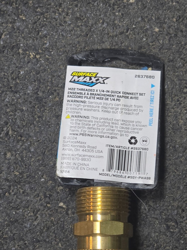 💦 SurfaceMaxx 2637680 * M22 Threaded x 1/4" Quick Connect 4500 Max PSI