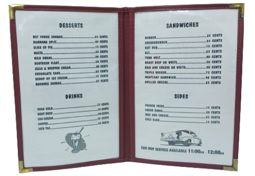 Display Fake Food Prop 50's Diner Menu