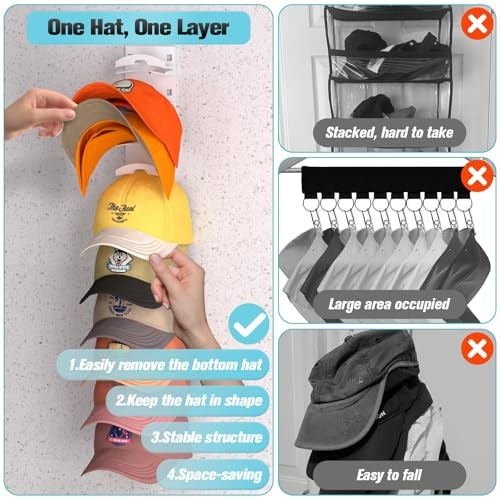 2 Pack Hat Organizer for Baseball Caps, Hat Rack for Wall with Strong White