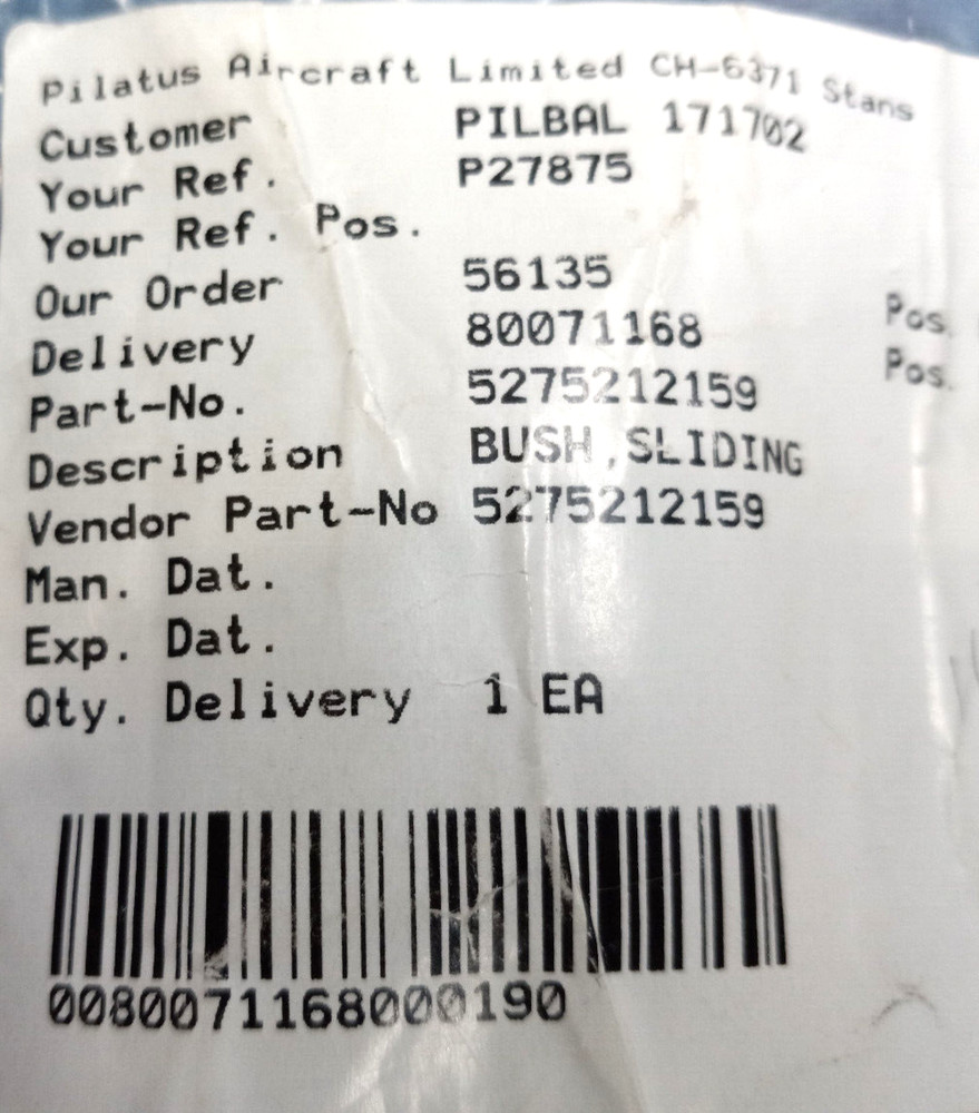 PILATUS Part # 5275212159 Bushing