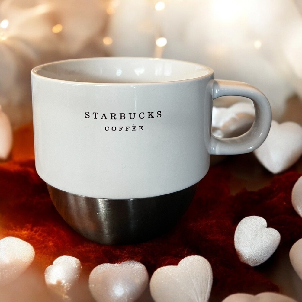 Starbucks 2007 White Ceramic 8oz Coffee Mug with Metal Base Bottom