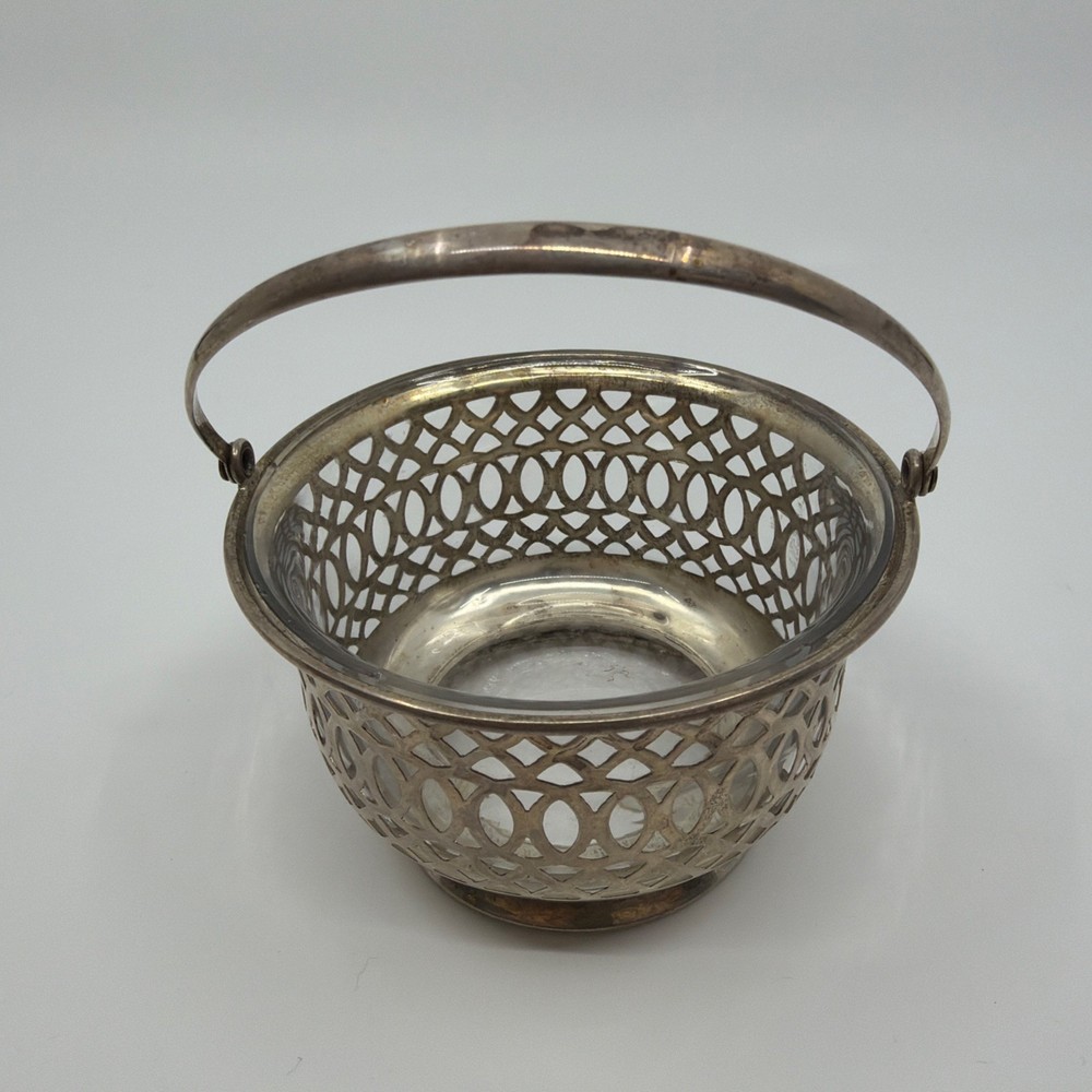 Sterling Silver Basket with Handle And Glass Insert
