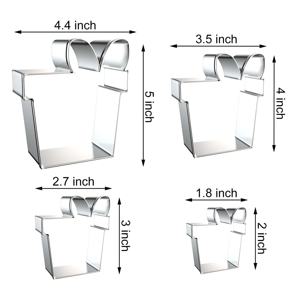 Gift Present Box Cookie Cutter Set Large - 5", 4", 3", 2" - 4 Piece - Stainle...