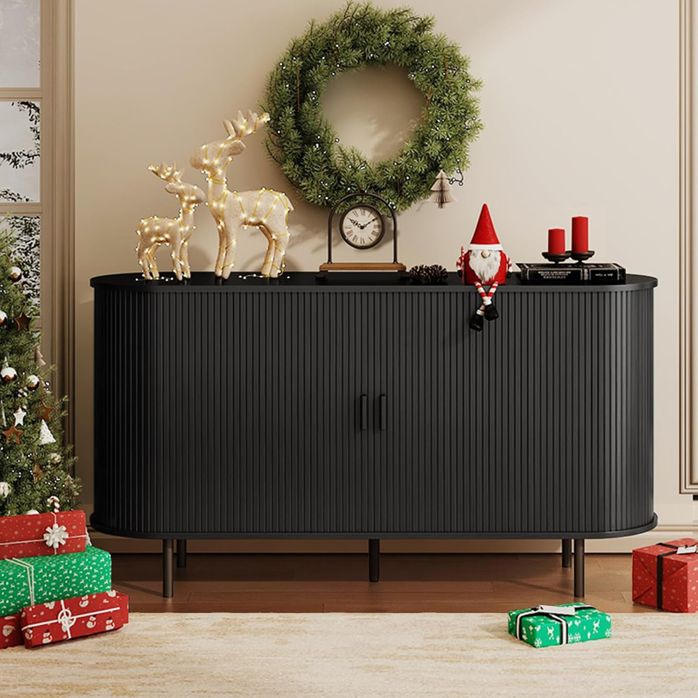 Modern Black Buffet Sideboard Cabinet with Sliding Door & Adjustable Shelf