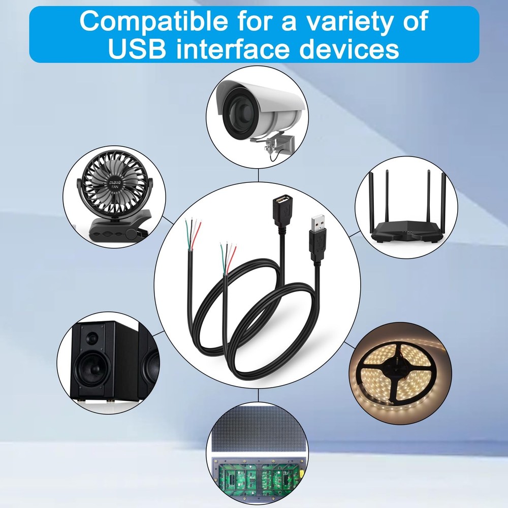 HATMINI 4Pcs USB 2.0 Female Plug 4pin Bare Wire Power Data Cable Black