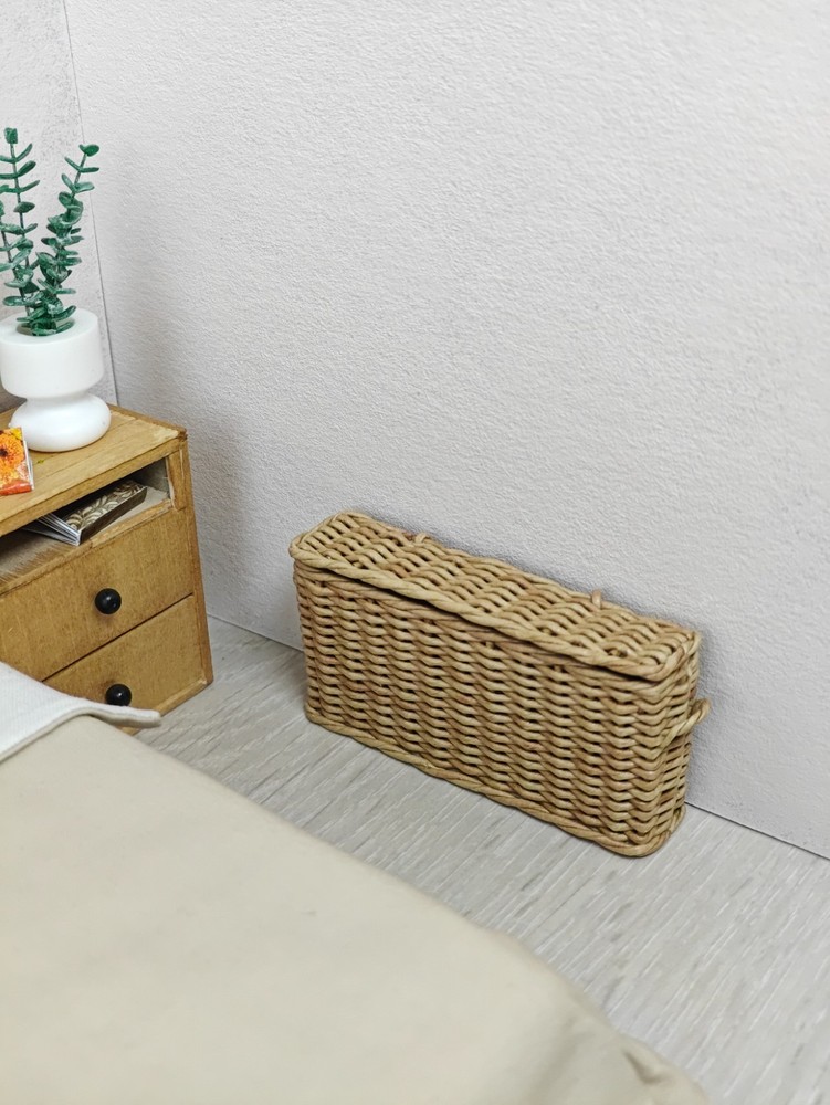1:12 dollhouse wicker oversized rectangular narrow storage lidded basket