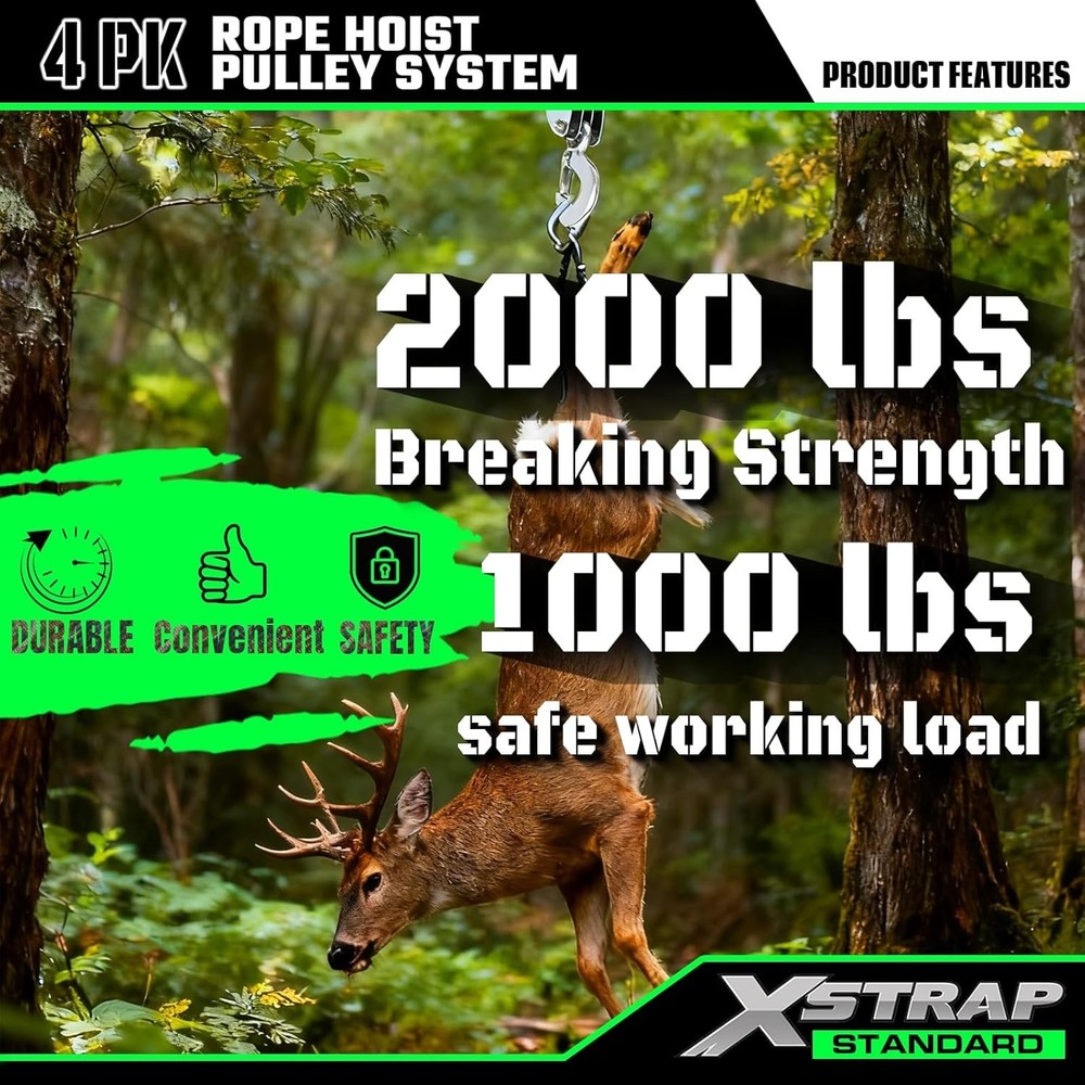 Efficient 50 FT Block & Tackle Pulley System with Soft Loops - 2000 LB Strength