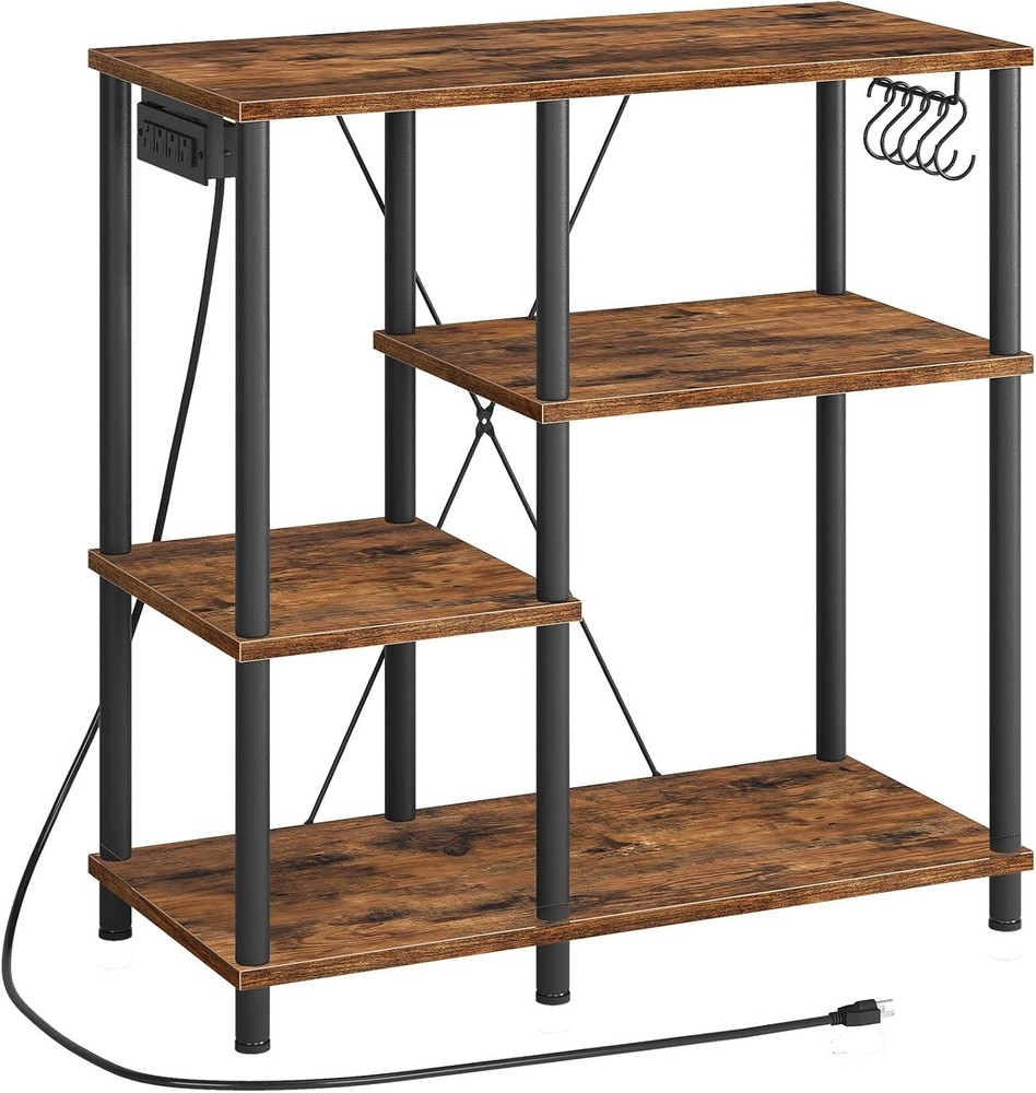Bakers Rack W/ Power Outlet Microwave Stand W/ 5 S-Shaped Hooks Coffee Bar