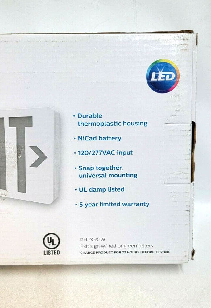Philips PHLXRGW Thermoplastic LED White Emergency Exit Sign with Battery