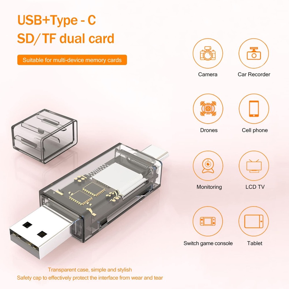 2 Pack USB SD Card Reader for PC, Micro 2 USB_USB-C, Transparent Black