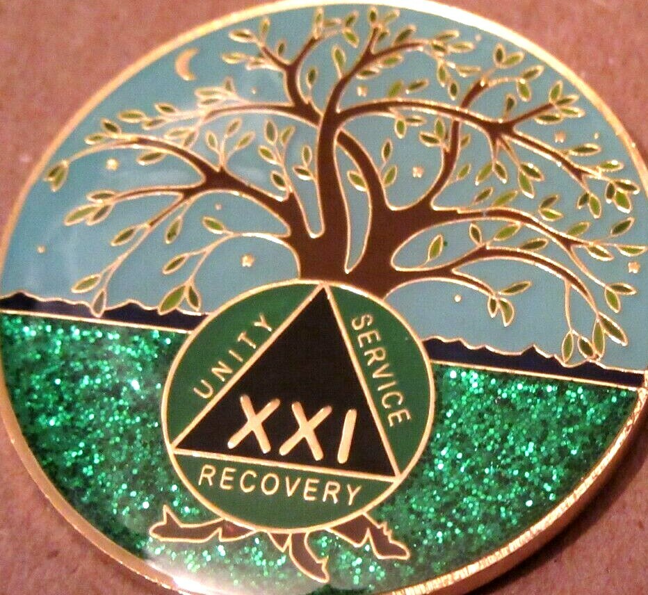 Tree - Blue green SPARKLE Alcoholics Anonymous 21 year AA Medallion Coin Token