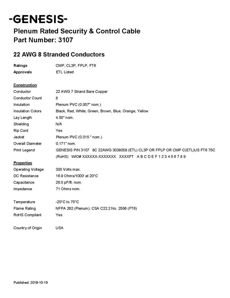Honeywell Genesis 3107 22/8C Stranded Security/Control Cable Plenum White /50ft