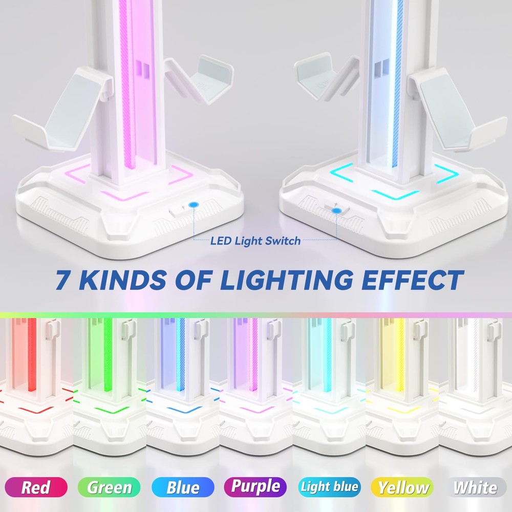 RGB Headset Stand with 9 Light Modes - Controller Holder for Desk - Rotatable...