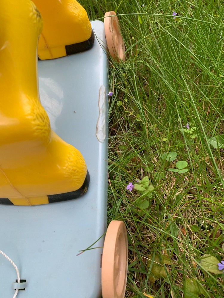 vintage lamb pull toy, hard plastic, 1950s Knickerbocker, head bobs