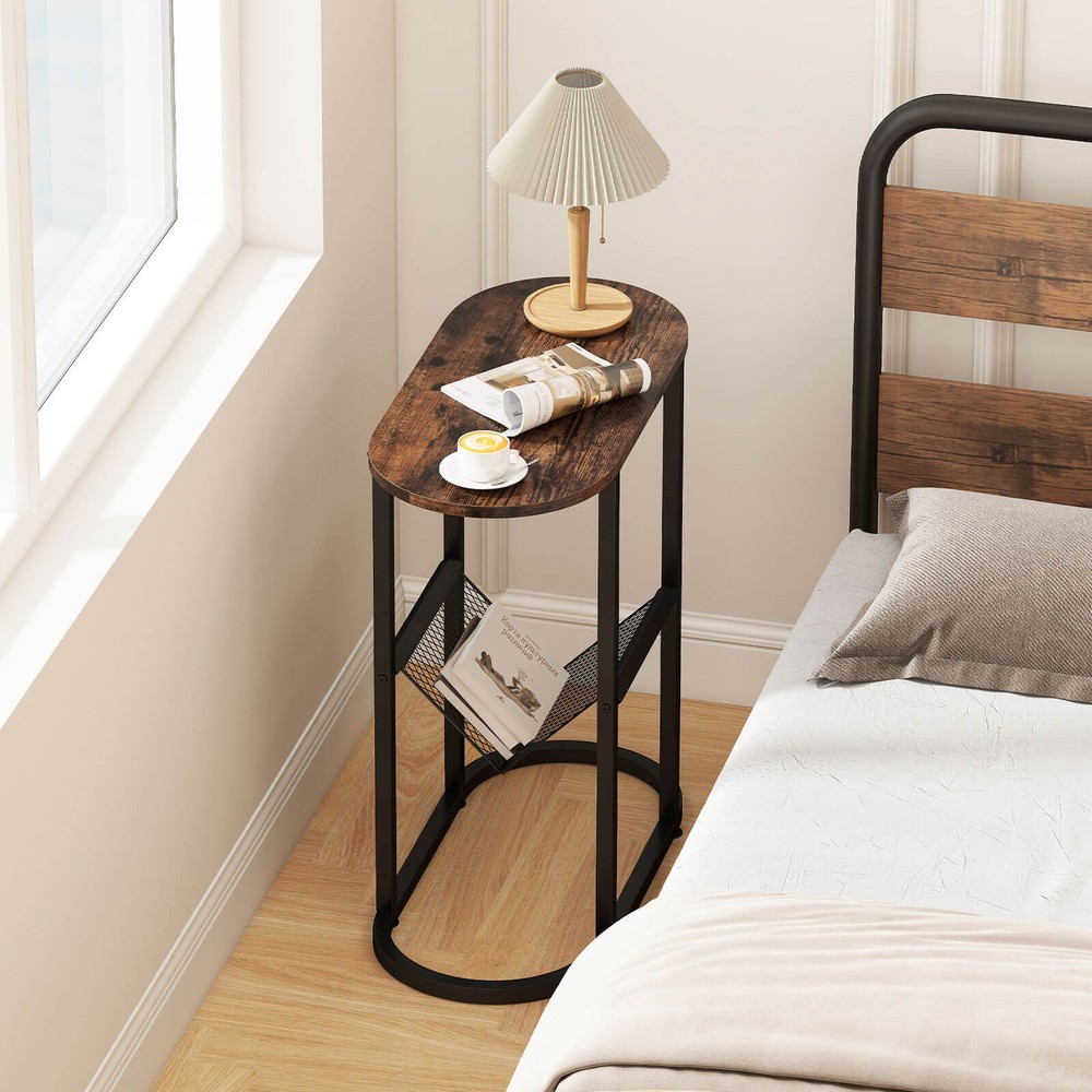 2-tier Side Table Oval Narrow End Table Nightstand Bedside Table Brown