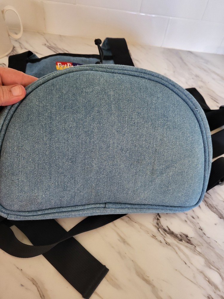 Pet Pocket Carrier Front or Back pack Blue Denim Padded Strap & Base Adjustable
