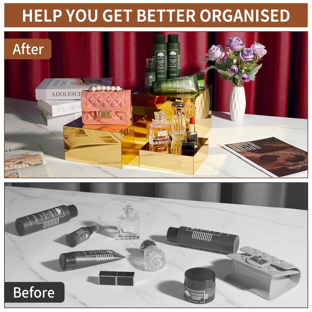 Jolboldy 3 Pcs Gold Acrylic Risers Display Stands, Mirrored Nesting Cube Boxe...