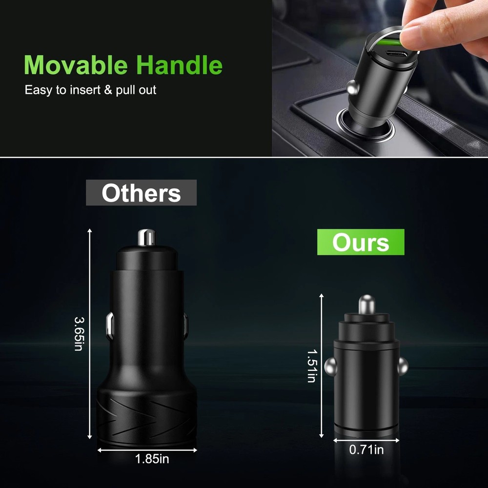 60W Super Fast Car Charger 2-in-1 with Pull Ring Design Low Profile USB C PD USB