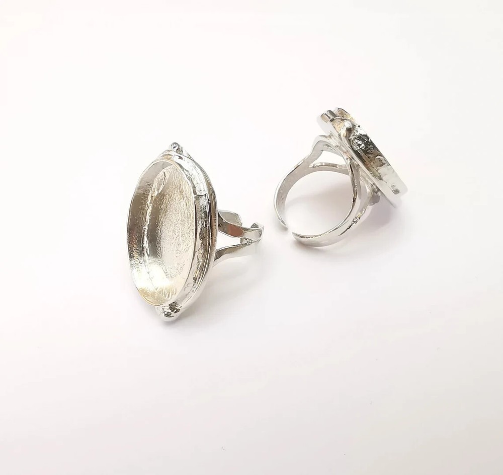 Shiny Silver Ring Blank Base Bezel Setting Adjustable Brass 25x18mm G35719