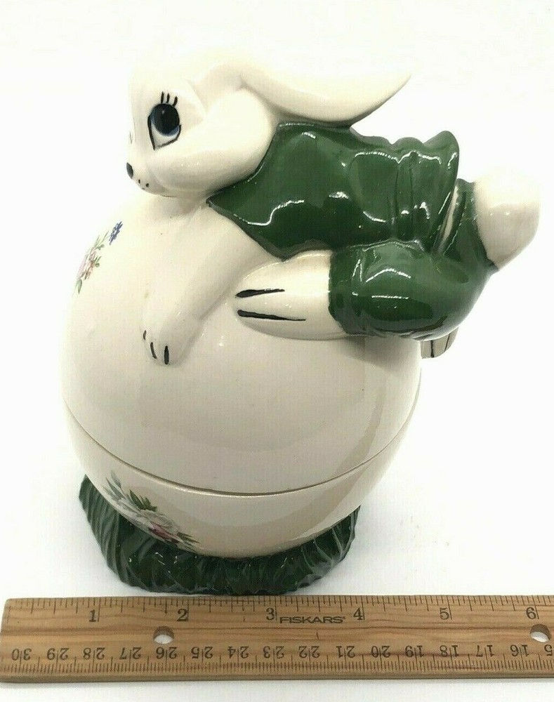 Vtg Ceramic Hobbyist Easter Bunny Rabbit 2 Pc Candy Dish Decor Flower Decals 7"