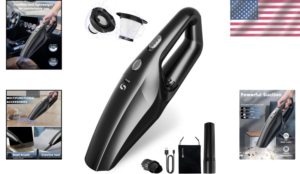 Lightweight Rechargeable Handheld Vacuum - Includes Crevice Tool & Dusting Brush