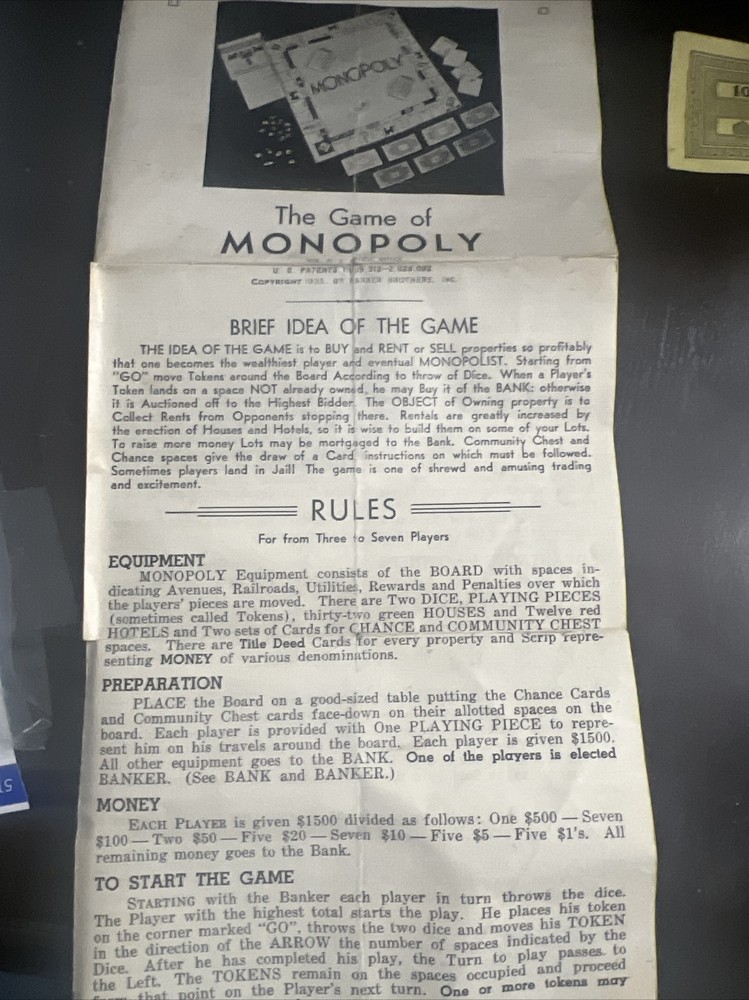 Vintage 1935 Monopoly Instructions