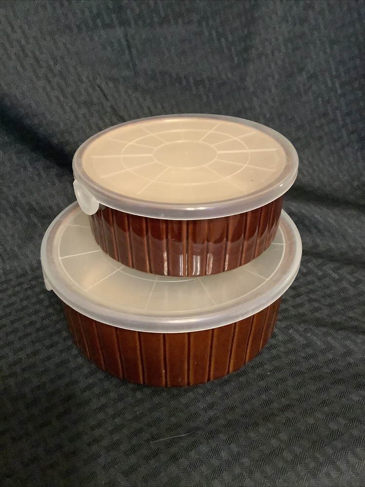 Sango NOVA BROWN 4pc Set Round Ovenproof Ceramic Bakeware With Plastic Lids 4933