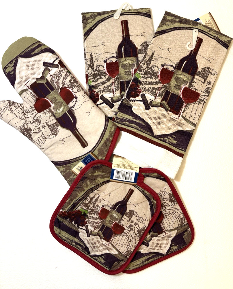 5 PC Kitchen Set, 2 Towels, 2 Pot Holders, 1 Oven Mitt Vineyard Theme