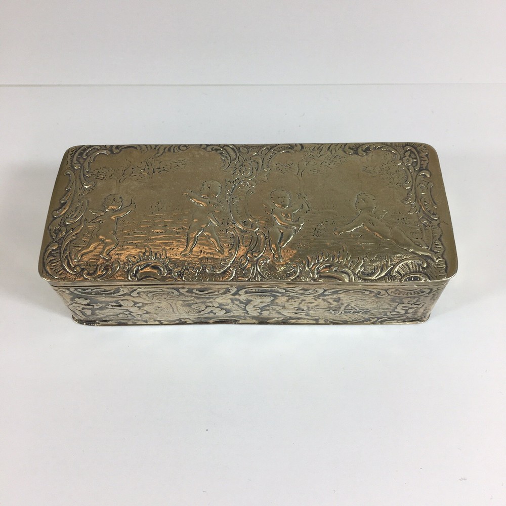 Antique German Hanau Pseudo Embossed Cherubs Playing Solid Silver Box 12cm Wide