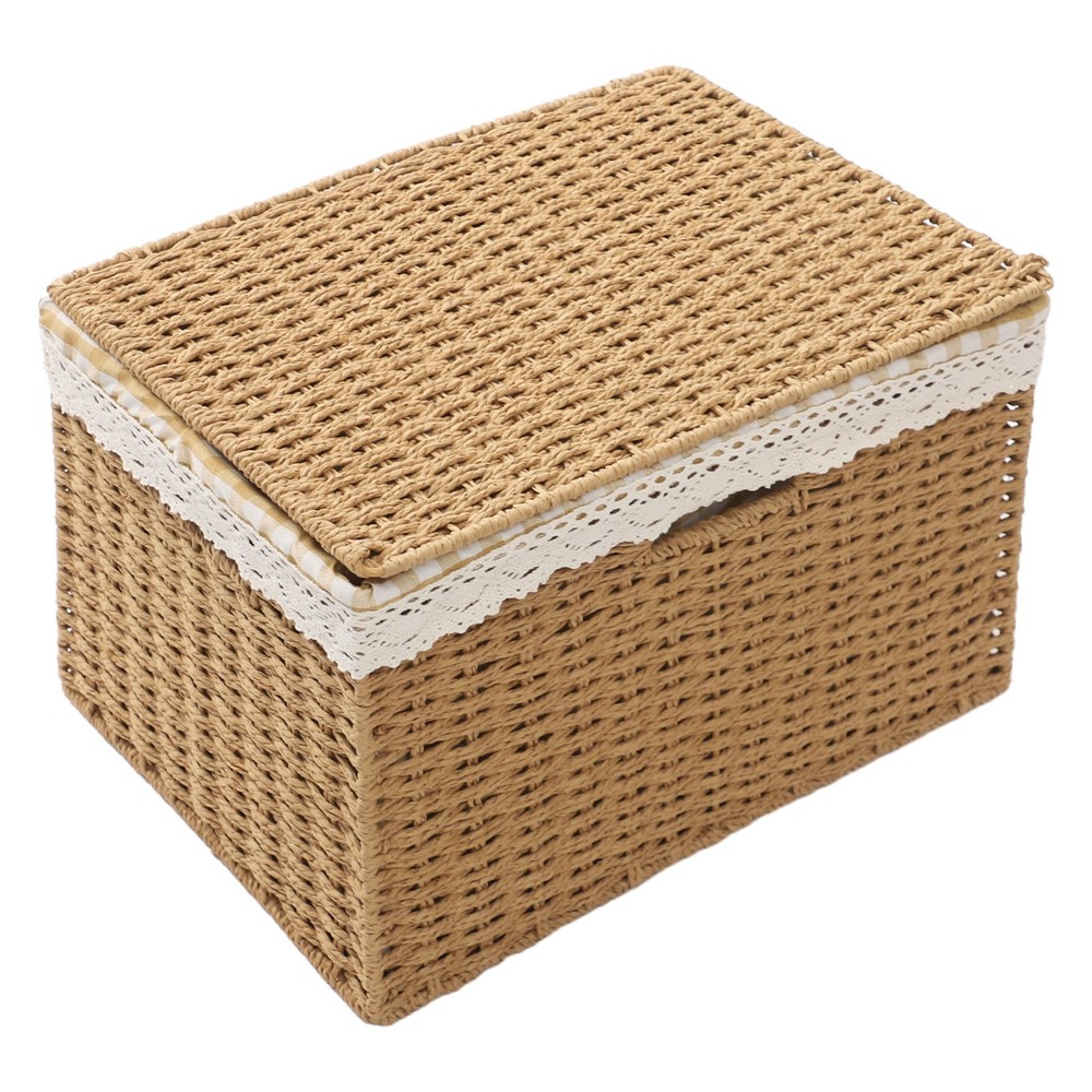 4 Pieces Light Brown Rustic Rectangular Woven Baskets With Handles Lace Lid