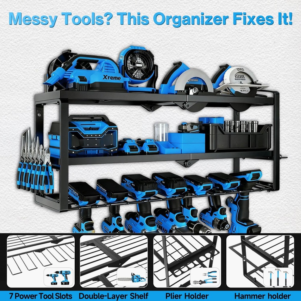 SecureElastic Heavy Duty Power Tool Organizer Wall Mount - 3 Tier Metal Tool ...