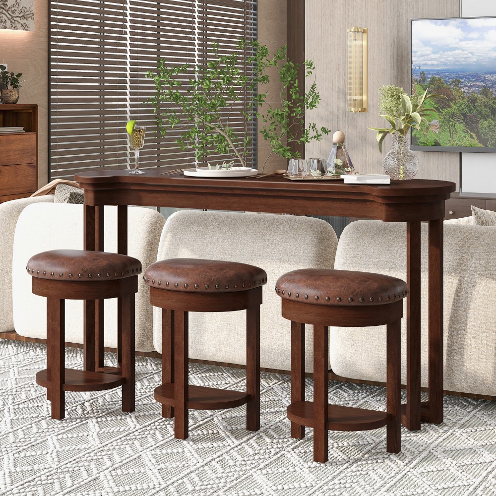 4 Piece Bar Table Set with3 PU Upholstered Bar Stools Breakfast Table