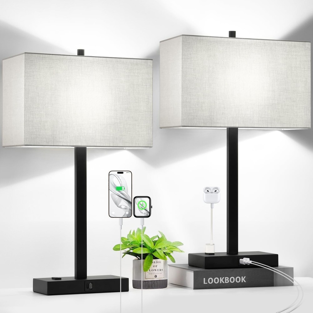 Bedroom Table Lamps 2-Pack, 3-Way Touch Control, USB A+C & AC Outlet