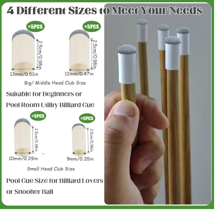 Pool Cue Tips Replacement Kit 20pcs, 9/10/12/13mm, 4 Sizes